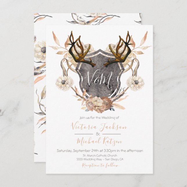 Watercolor Crest floral Antler invitations de mari (Devant / Derrière)