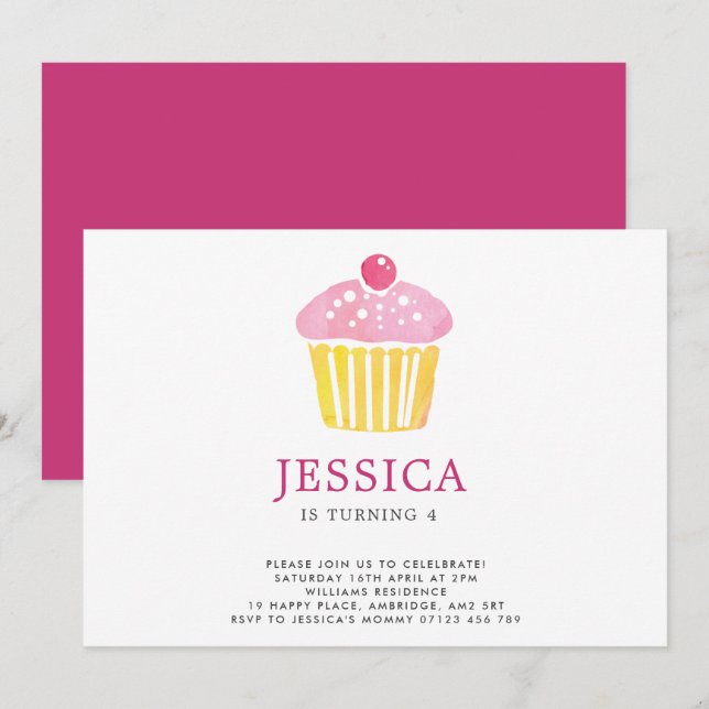 Watercolor Cupcake Invitation d'anniversaire (Devant / Derrière)