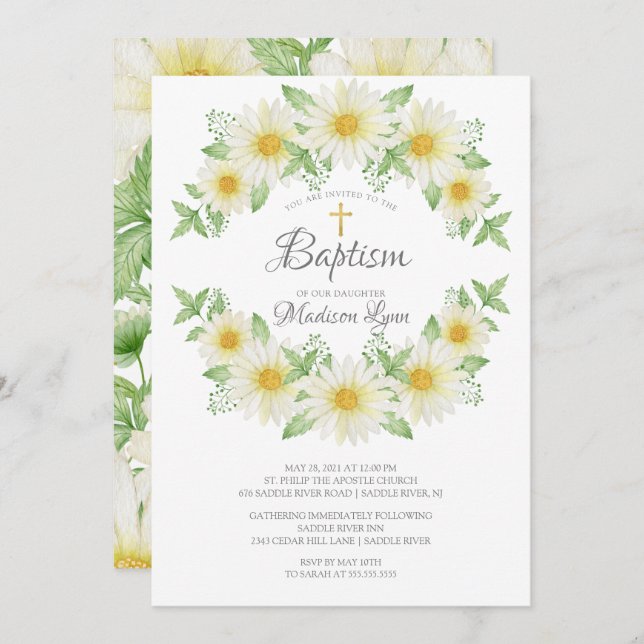 Watercolor Daisy Floral Baptism Invitation (Devant / Derrière)