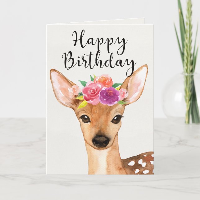 Watercolor Deer & Flowers - Bonne carte d'annivers (Devant)