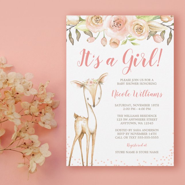 Watercolor Deer Girl Baby Shower Invitations (Créateur téléchargé)