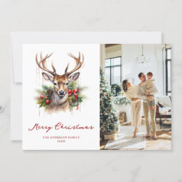 Watercolor Deer Pine Photo Joyeuse carte de Noël