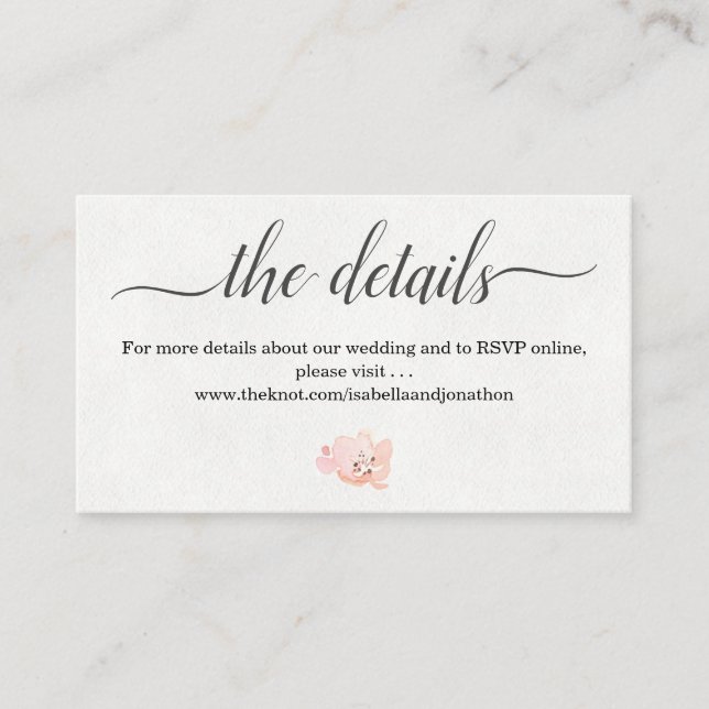 Watercolor Détails Mariage Site Web Carte de boîti (Devant)
