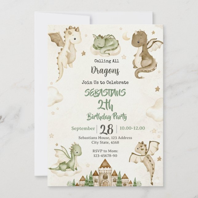 Watercolor Dragon Birthday Party Invitation (Devant)