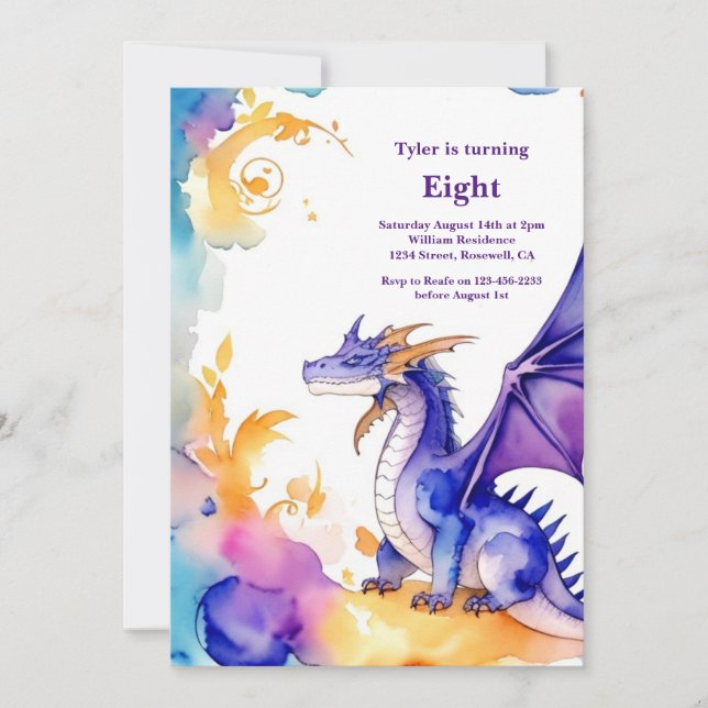 Watercolor Dragon Invitation Anniversaire (Devant)