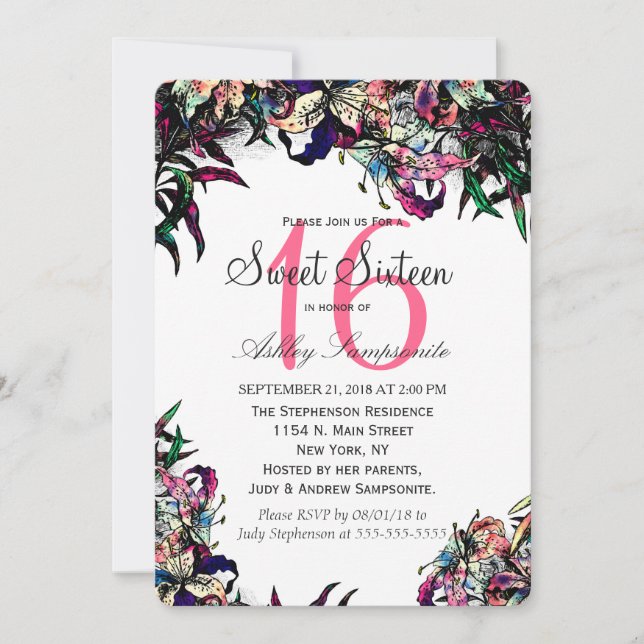 Watercolor Dragon Lilies Sweet 16 Invitations (Devant)