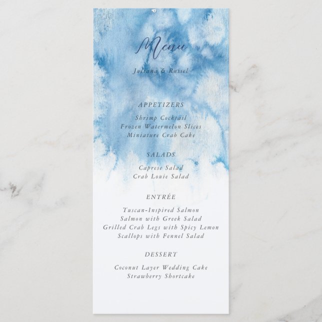 Watercolor Dusty Blue Winter Wedding Menu (Devant)