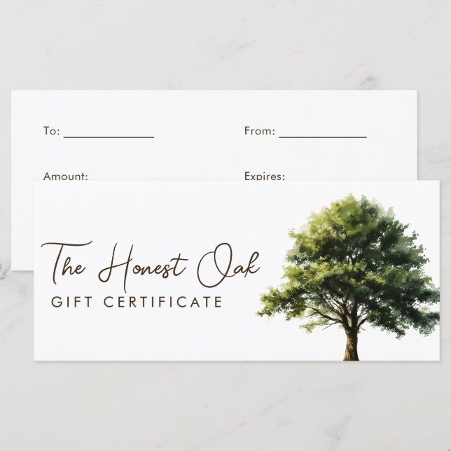 Watercolor Elegant Oak Tree Gift Certificate (Devant / Derrière)