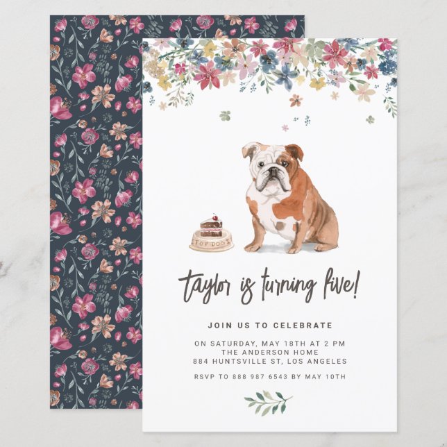 Watercolor English Bulldog Invitation d'anniversai (Devant / Derrière)