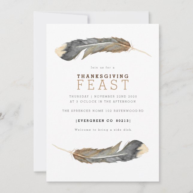 Watercolor Feather Duo Thanksgiving Invitation de  (Devant)