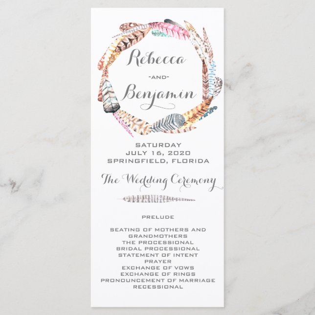 Watercolor Feathers Bohemian Wedding Programmes (Devant)