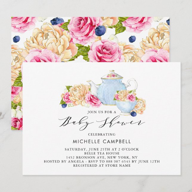Watercolor Floral Baby shower Tea Party Invitation (Devant / Derrière)