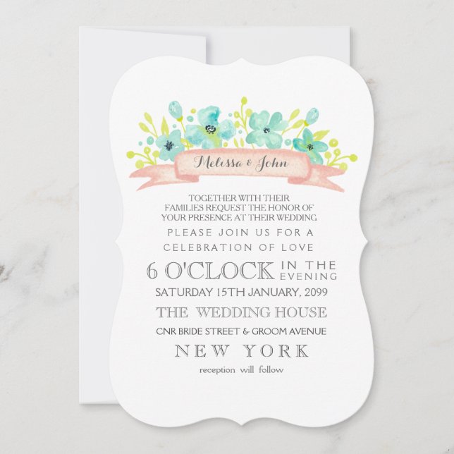 Watercolor Floral Banner Aqua Wedding Invitation (Devant)
