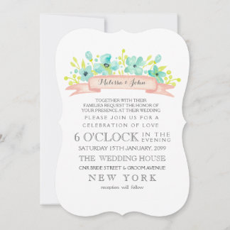 Watercolor Floral Banner Aqua Wedding Invitation