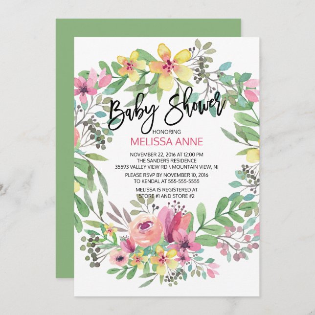 Watercolor Floral Girls Baby shower Invitation (Devant / Derrière)
