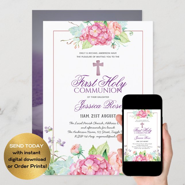 Watercolor Floral PHOTO First Communion Invitation (Créateur téléchargé)