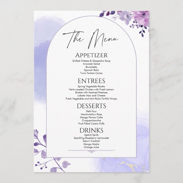 Watercolor Floral Rustic Purple Menu Mariage (Devant)