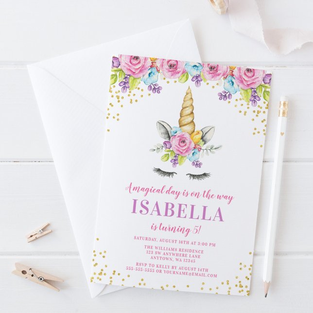 Watercolor Floral Unicorn Invitations d'anniversai (Créateur téléchargé)