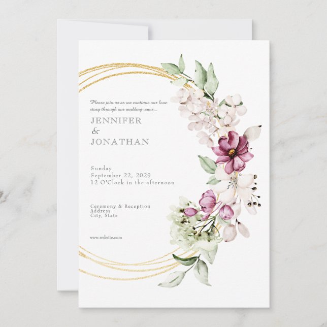 Watercolor Flower Floral Gold Wedding Invitation (Devant)