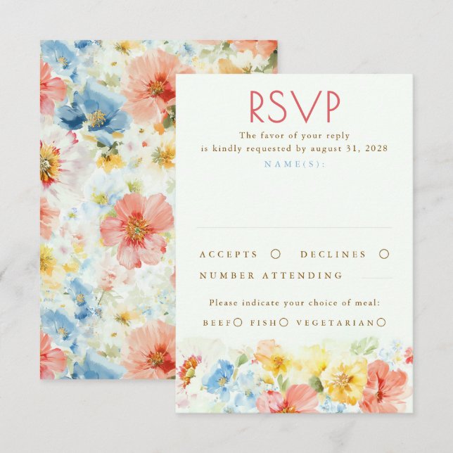 Watercolor Flowers Elegant Wedding RSVP (Devant / Derrière)