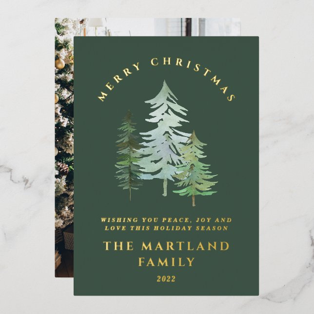 Watercolor forest Joyeux Noël Photo de vacances (Recto/Verso)