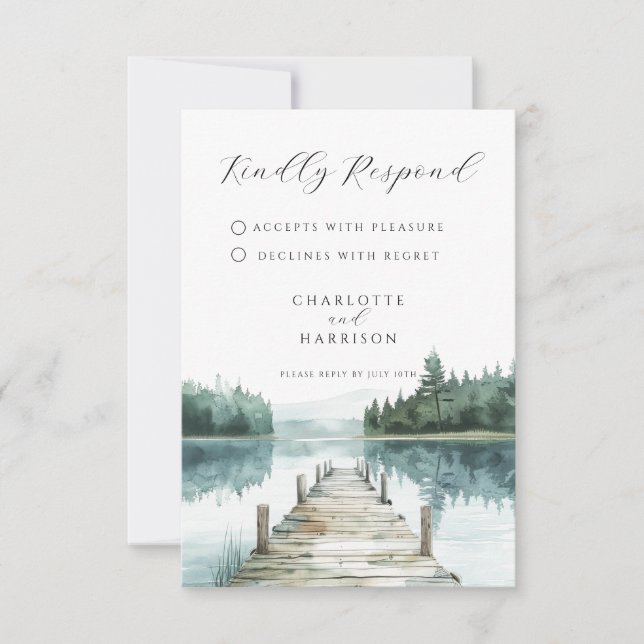 Watercolor Forest Mountain Lake Wedding RSVP (Devant)