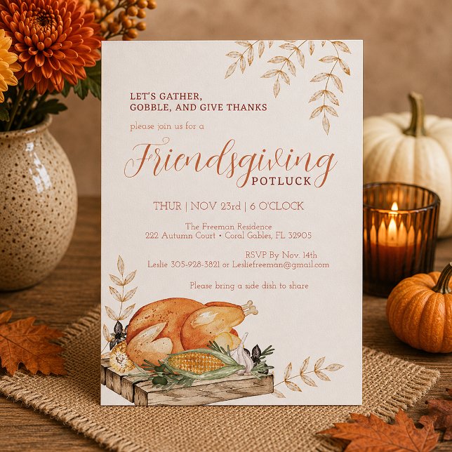 Watercolor Friendsgiving Potluck Diner Invitation (Thanksgiving invitation with autumn decor)
