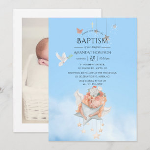 Watercolor Girl Angel Baptême Photo Invitation