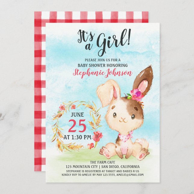 Watercolor Girl Bunny Baby shower ferme Invitation (Devant / Derrière)