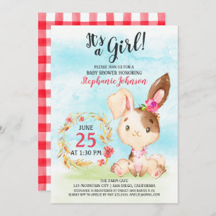 Watercolor Girl Bunny Baby shower ferme Invitation