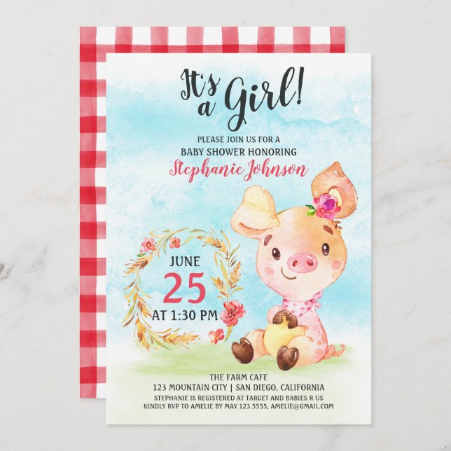 Watercolor Girl Piggy Baby shower ferme Invitation (Devant / Derrière)