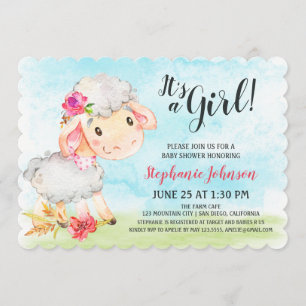 Watercolor Girl Sheep Baby shower ferme Invitation