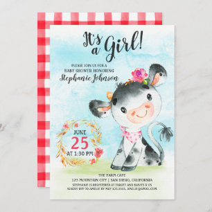 Watercolor Girl Vache Baby shower ferme Invitation