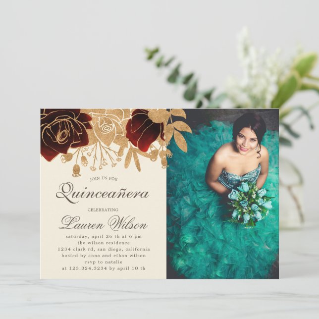 Watercolor Gold Roses Quinceanera Photo Invitation (Debout devant)