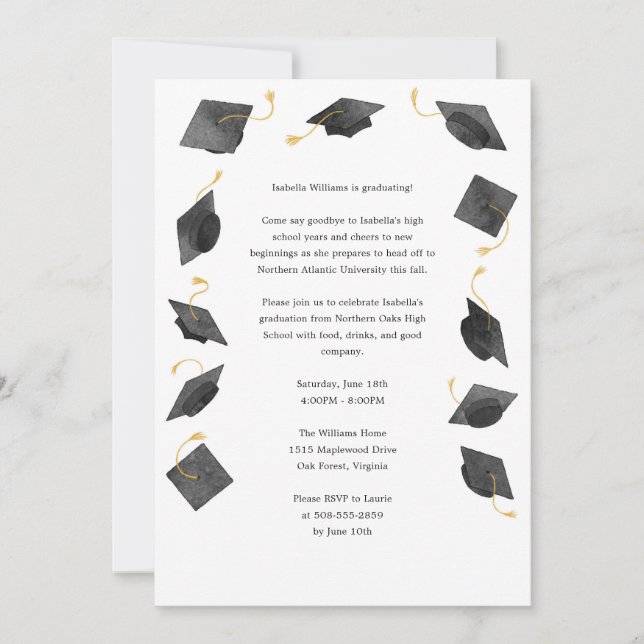 Watercolor Graduation Caps Grad Party Invitation (Devant)