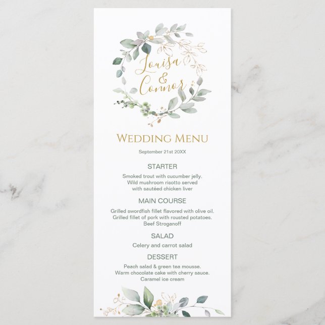 Watercolor Green Foliage Menu Mariage (Devant)