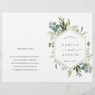 Watercolor Green Gold Hexagon Wedding Programme