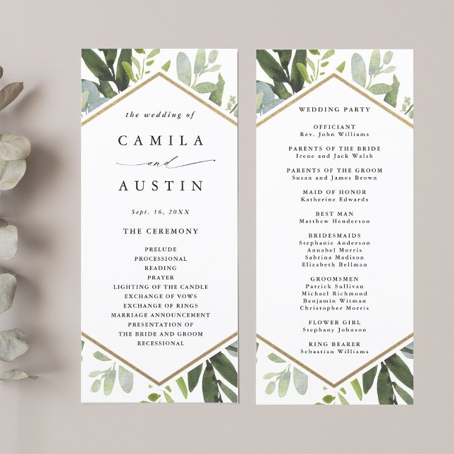 Watercolor Green Gold Hexagon Wedding Programme (Front & Back)