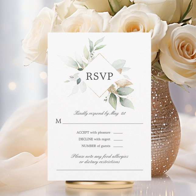 Watercolor Greenery Gold Feuilles mariage carte RS (Watercolor Greenery Gold Leaves Wedding RSVP Card)