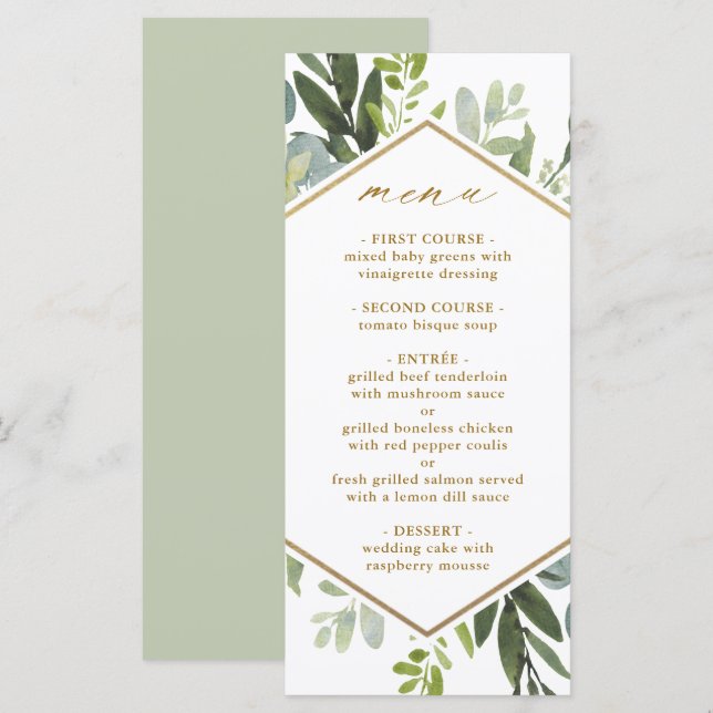 Watercolor Greenery Gold Hexagon Menu Mariage (Devant / Derrière)