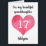 Watercolor Heart 17e Birthday Granddaughter<br><div class="desc">A personalized birthday granddaughter card that feh a watercolor heart, which you can personalize with age and add her name underneath the heart. The inside card reads "I hope that today and every day is filled with lots love, laughter & fun" Joyeux 17e anniversaire !" Le Birthday Message can be...</div>