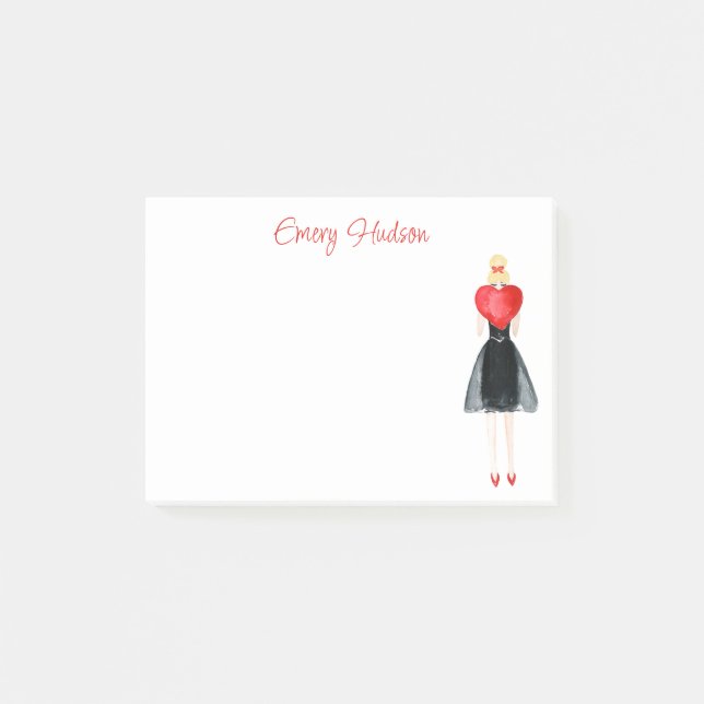 Watercolor Heart Fashion Girl Post-it Notes (Devant)