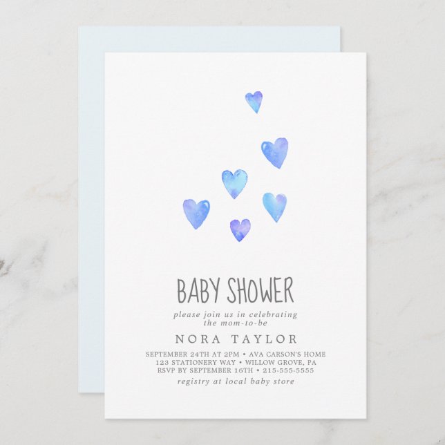 Watercolor Hearts Boy Baby shower Invitation (Devant / Derrière)