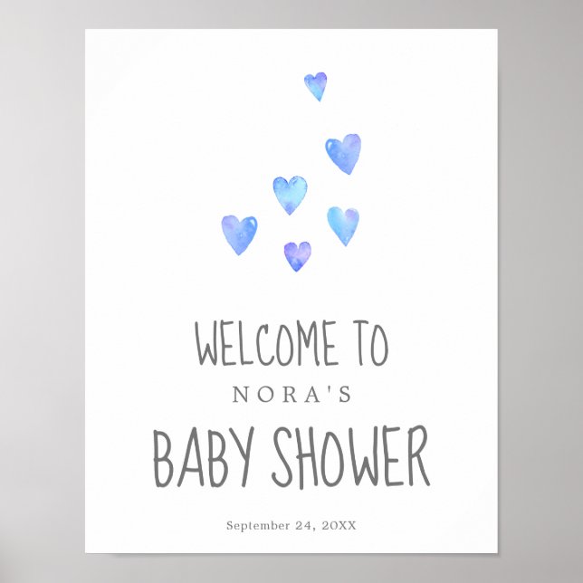 Watercolor Hearts Boy Baby shower Welcome Poster (Devant)