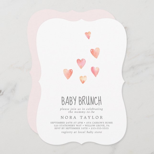 Watercolor Hearts Girl Baby Brunch Invitation (Devant / Derrière)