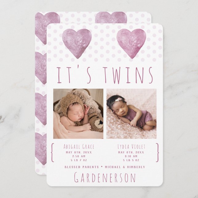 Watercolor Hearts Twins Girl Faire-part (Devant / Derrière)