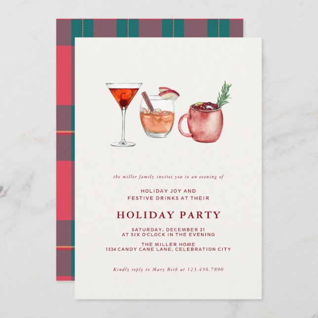 Watercolor Holiday Cocktail Noël Invitation de fêt (Devant / Derrière)