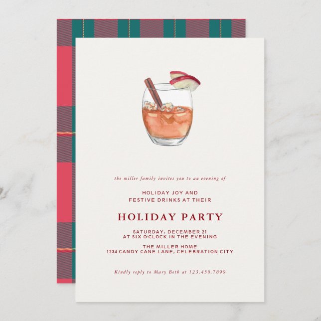 Watercolor Holiday Cocktail Noël Invitation de fêt (Devant / Derrière)