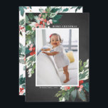 Watercolor Hollies Chalkboard Joyeux Noël<br><div class="desc">Envoyez à vos proches la joie de Noël de cette saison avec cette belle carte à plat photo de Noël rustique. Il présente des creux aquarelle, des accents faux feuille d'or, des motifs de fête assortis, du papier faux tableau et de la typographie moderne. Les textes sont entièrement modifiables. Personnalisez...</div>