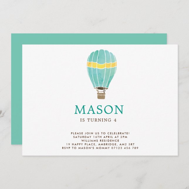 Watercolor Hot Air Balloon Invitation Anniversaire (Devant / Derrière)